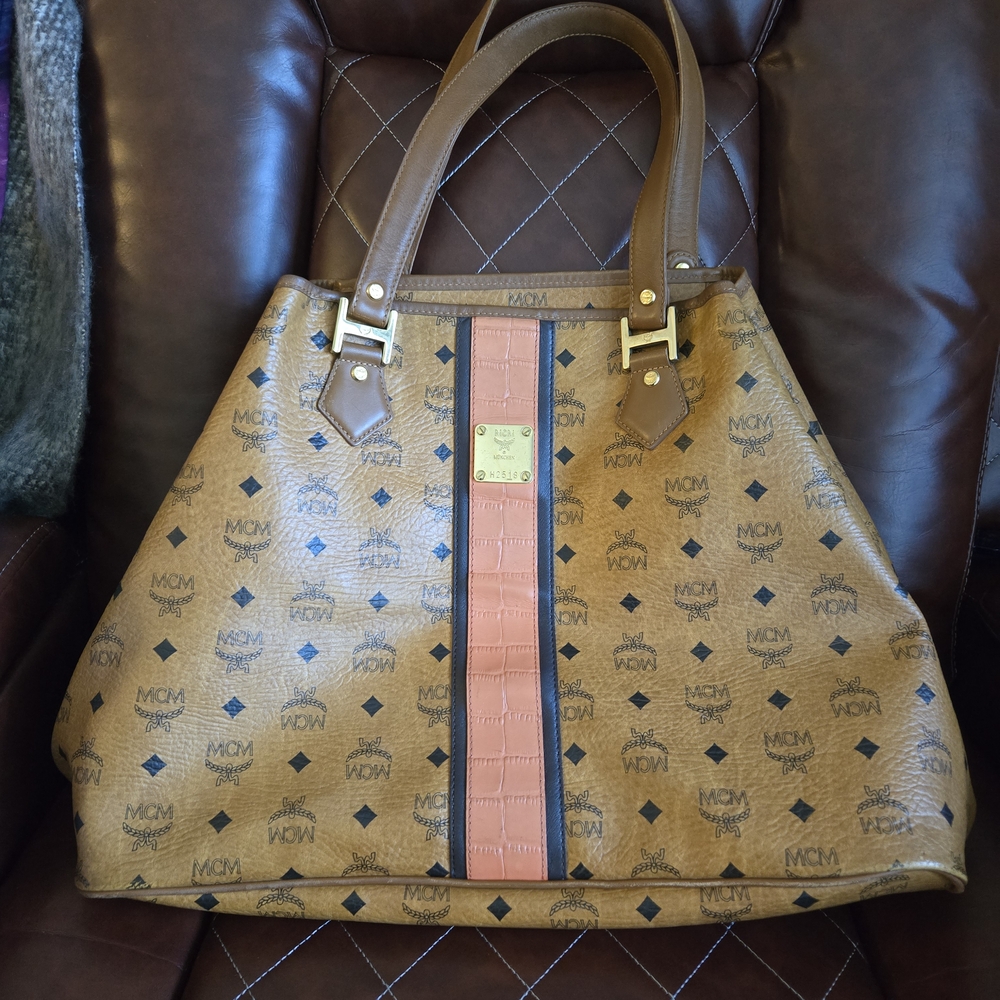 MCM Brown and Coral Tote with Gold Accents Plus Used MCM Wallet
